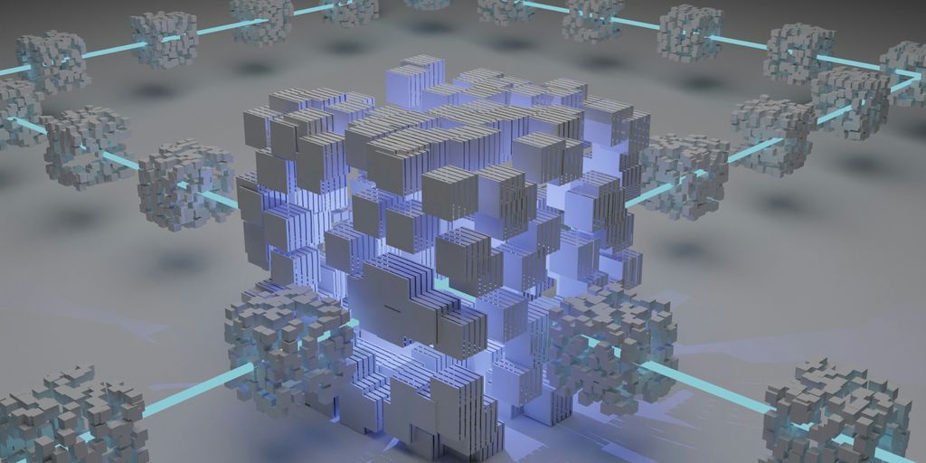 a computer generated image of a cube surrounded by smaller cubes